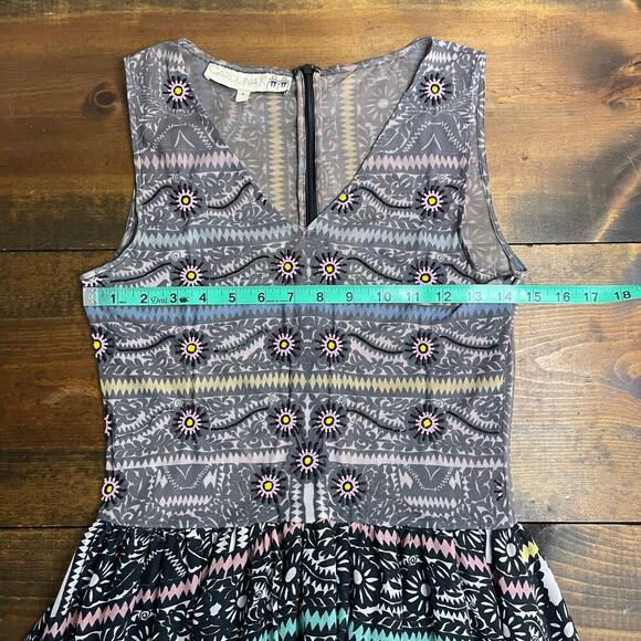 Carolina K Black Printed Sheer Bodice Beaded Silk Aztec Floral Maxi Dress Small - Picture 10 of 16